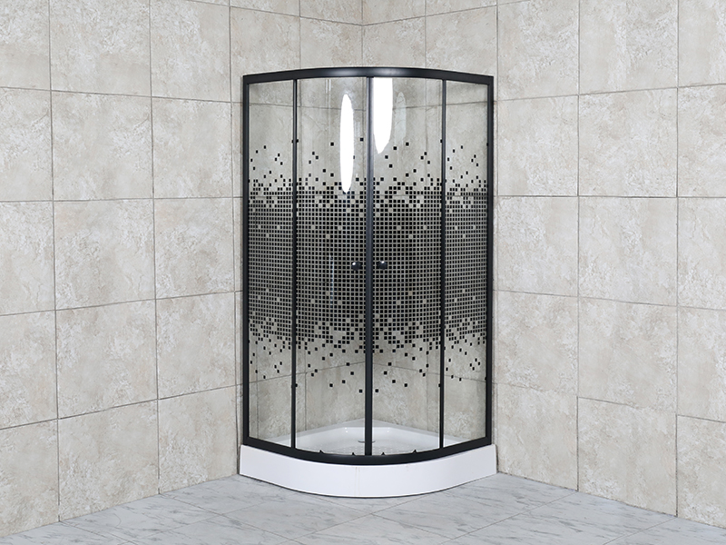 SE Sliding Shower Claustrum, Serenum Vitrum Temperatum Cum Mosaic Printing, Black Pain Aluminium, Duplex Holes manubrium, Tray