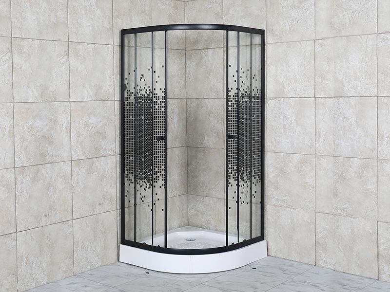 SE Sliding Shower Claustrum, Serenum Vitrum Temperatum Cum Mosaic Printing, Black Pain Aluminium, Duplex Holes manubrium, Tray SE Sliding Shower Claustrum, Serenum Vitrum Temperatum Cum Mosaic Printing, Black Pain Aluminium, Duplex Holes manubrium, Tray